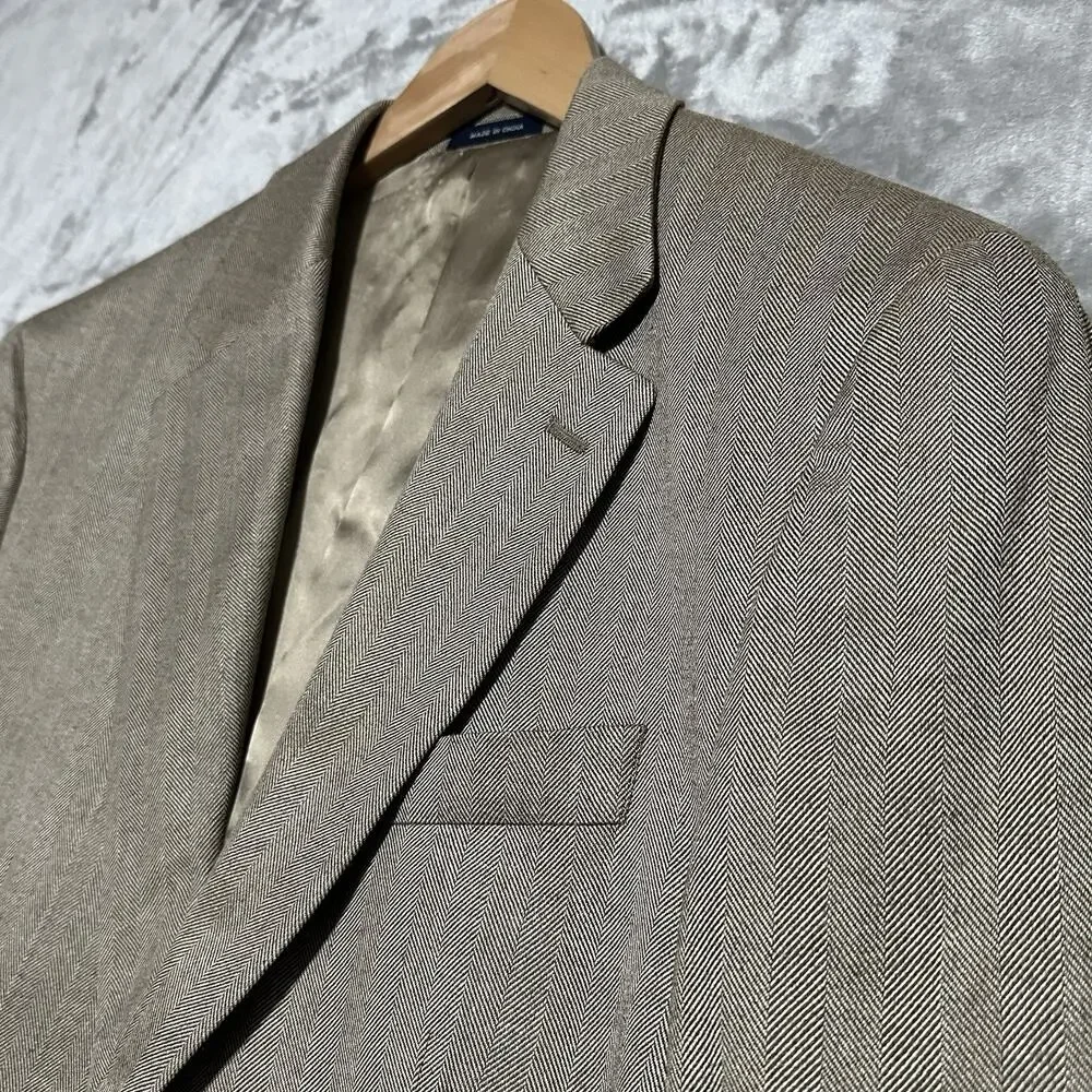 Ralph Ralph Lauren Blazer Sport Coat Mens‎ Size 39L Beige 100% Silk Herringbone